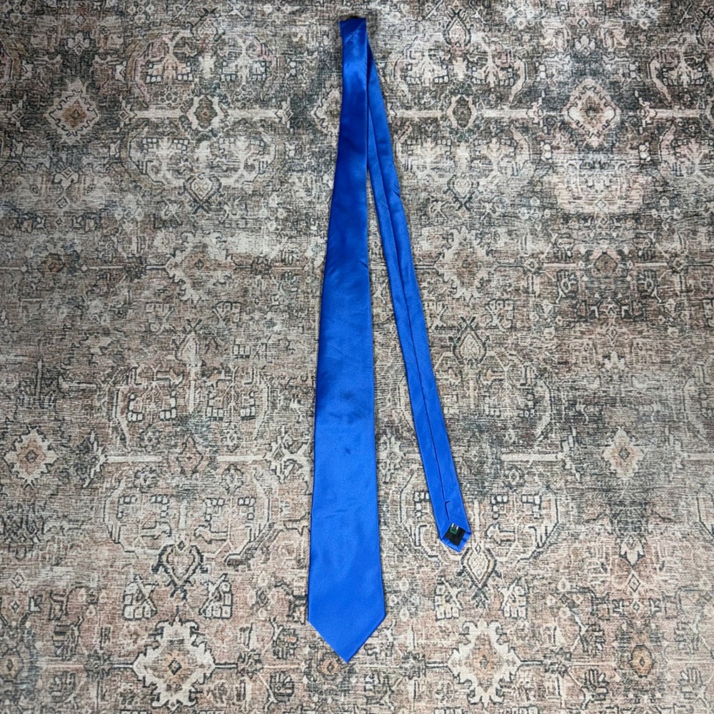 Brand Q Mens Necktie Royal Blue Solid Satin Silk Blend Made in Italy Formal Tie